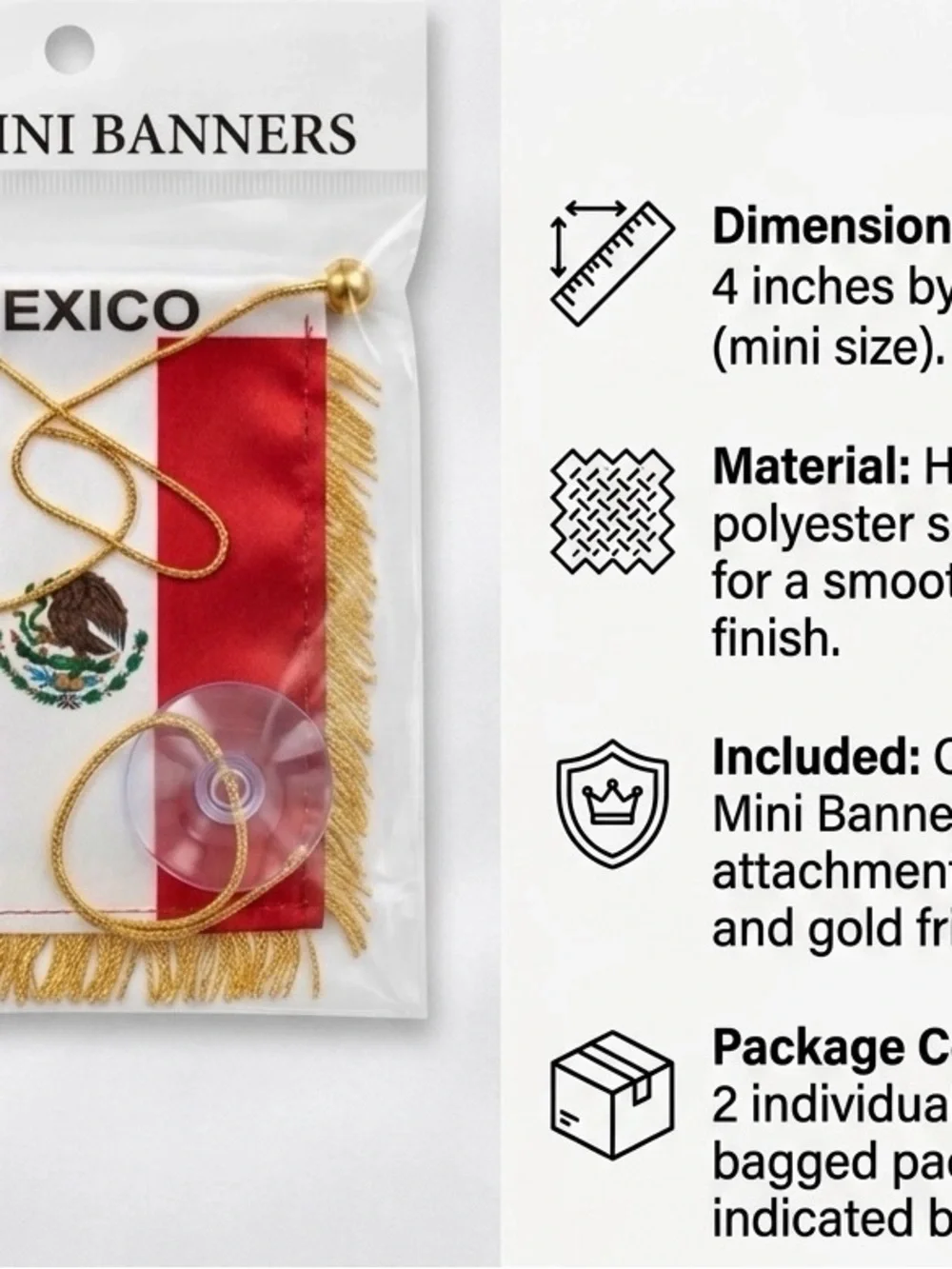 Mexico Mini Banner Car Flag with Gold Fringe - Pack of 2